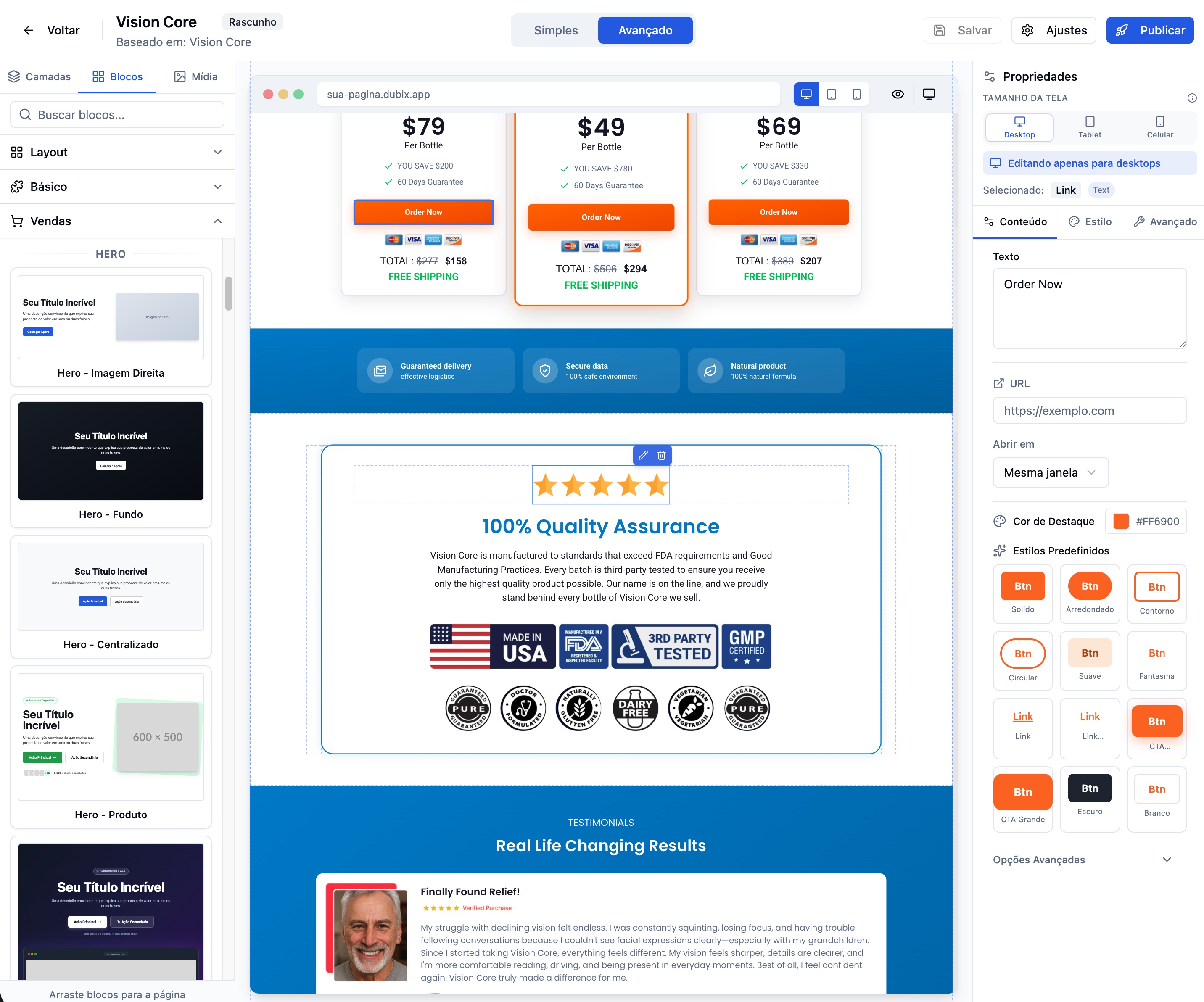 Modo avançado - editor com arrastar e soltar