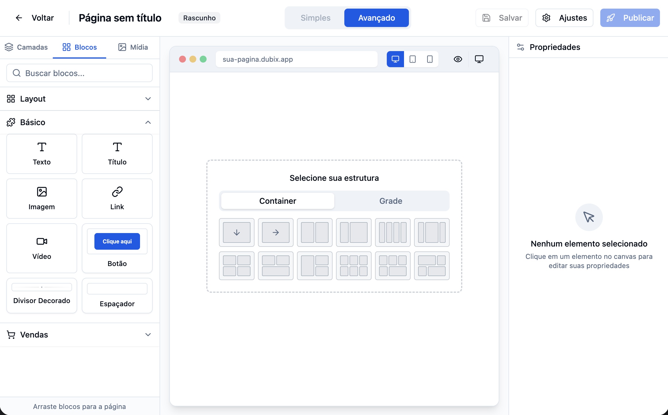 Editor visual do Dubix - comece do zero com blocos prontos