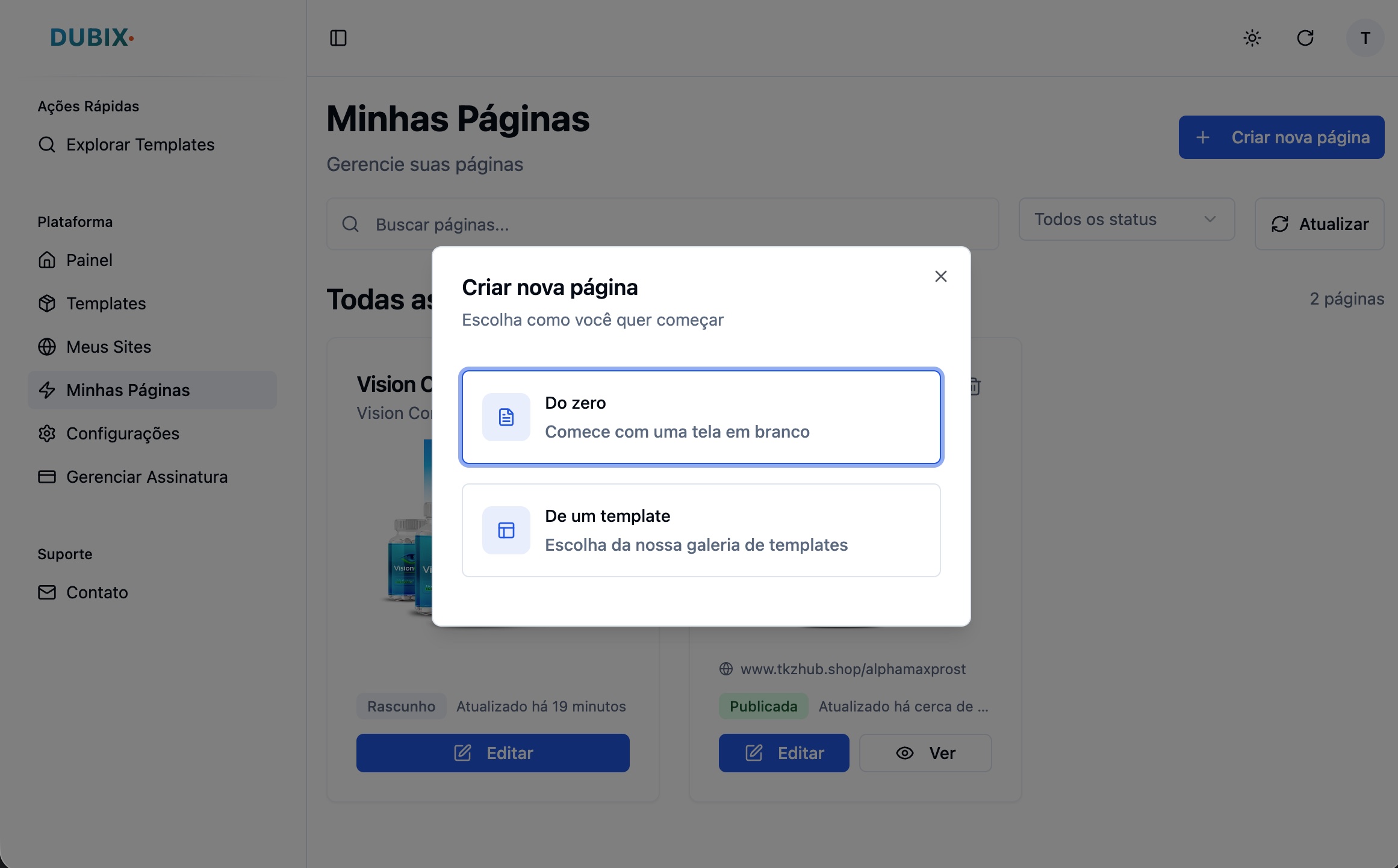 Modal de criação de página com opções: do zero ou de um template