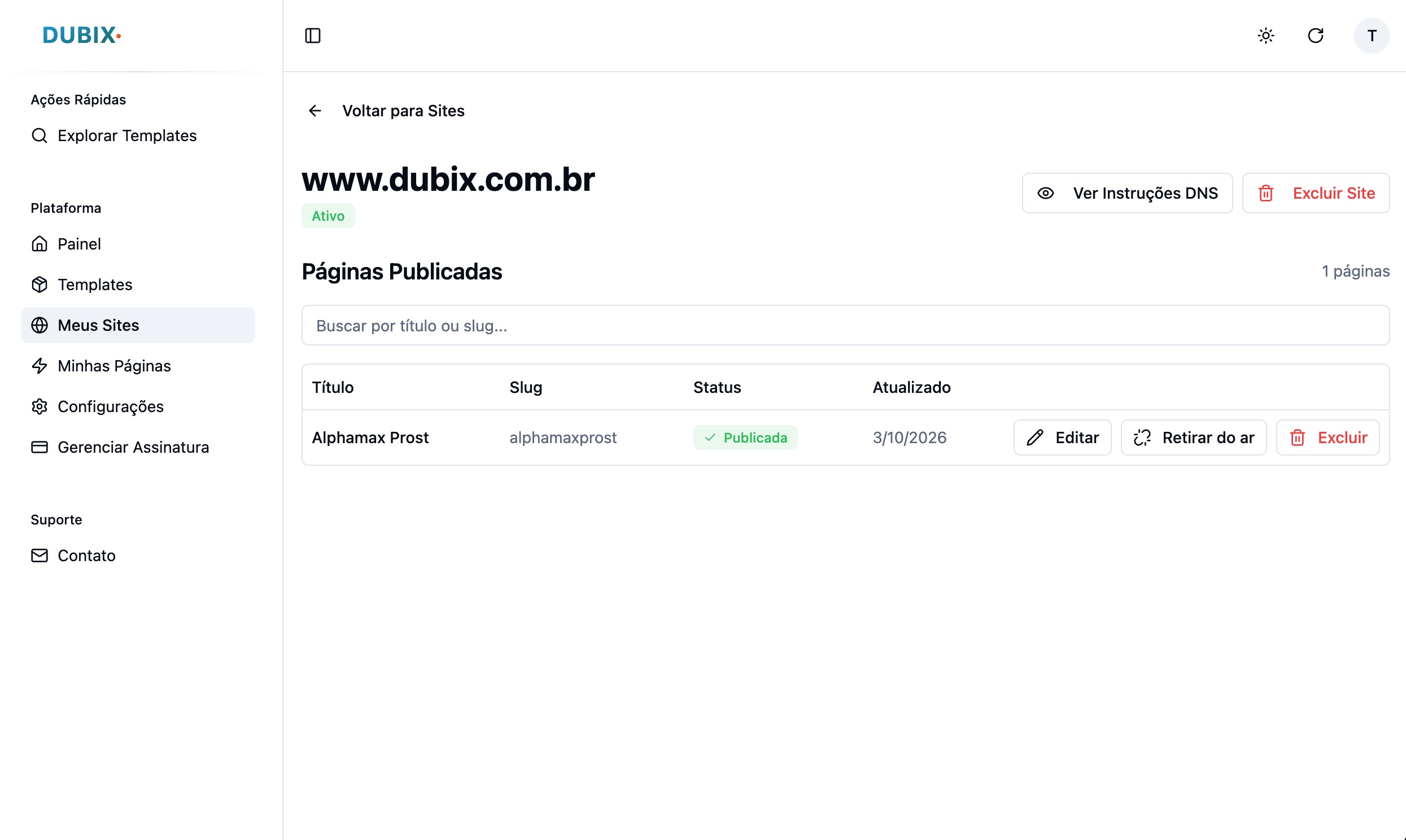 Seção Meus Sites mostrando domínio configurado e páginas publicadas